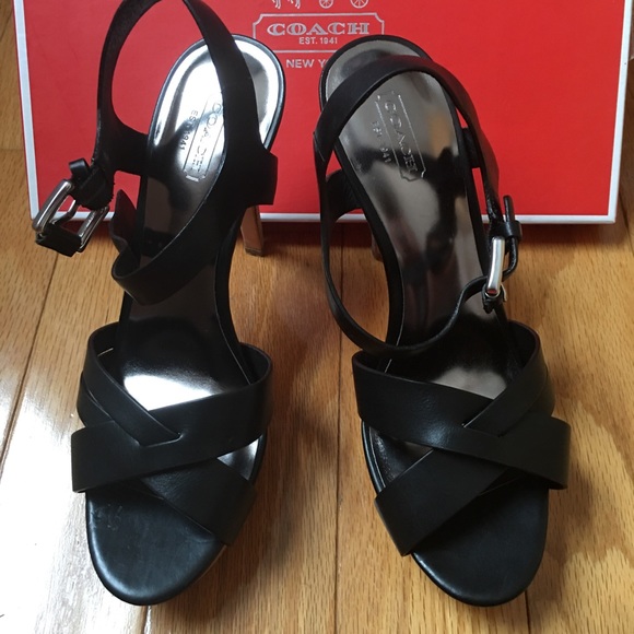 Coach 8.5 Dani Veg Leather Black Platforms Sandals - Picture 8 of 10